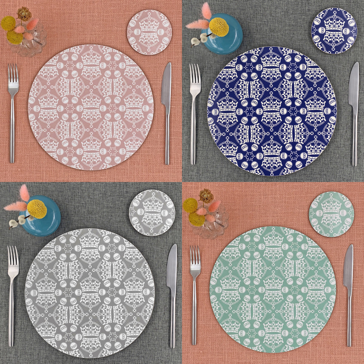 Melamine Round Placemat Set of 4 in Jubilee Crown Orb Prints Hokolo