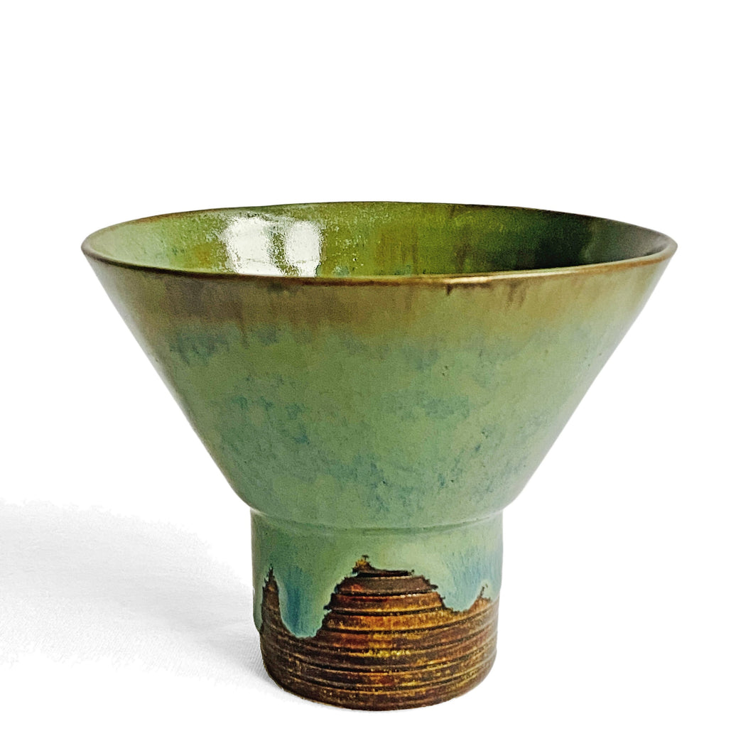 Blue green glazed tall pedestal bowl